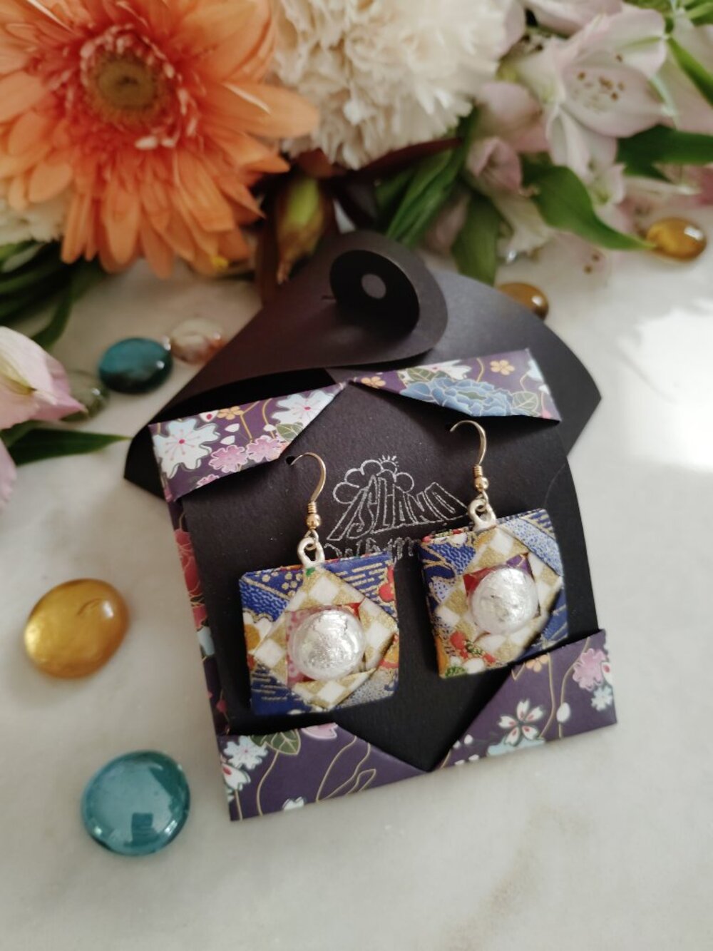 Origami Tile Paper Earrings, Silver Foil Glass Cab, Handmade OAK